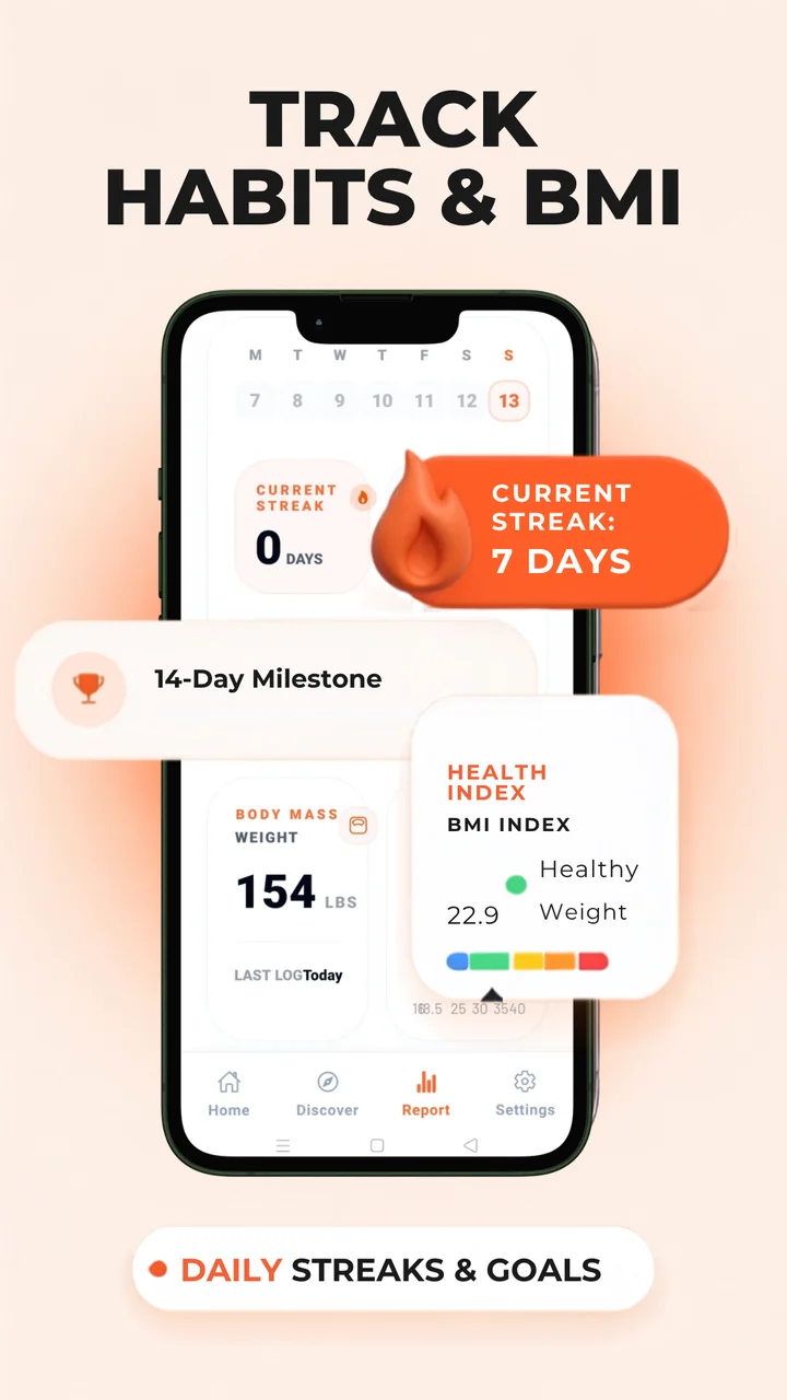 Report screen with streak, milestone and BMI